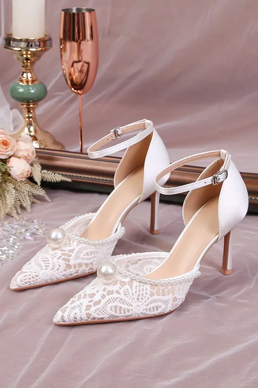 Ivory Lace Pointed Pearls Stilettos High Heels Wedding Shoes with Ankle Strap sold by Zapaka