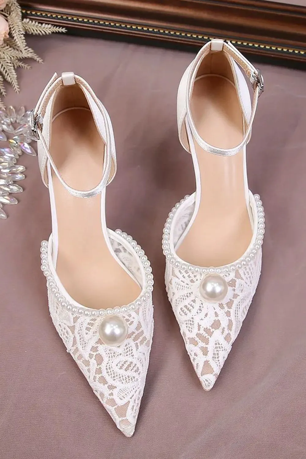 Ivory Lace Pointed Pearls Stilettos High Heels Wedding Shoes with Ankle Strap sold by Zapaka product image thumbnail 5