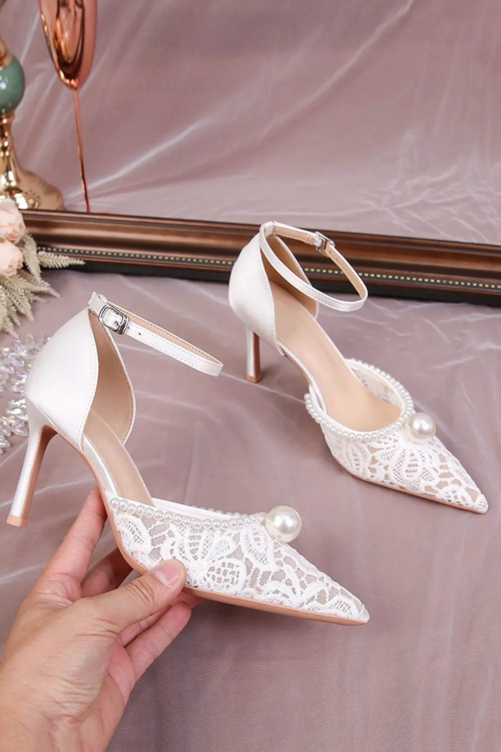 Ivory Lace Pointed Pearls Stilettos High Heels Wedding Shoes with Ankle Strap sold by Zapaka product image thumbnail 2