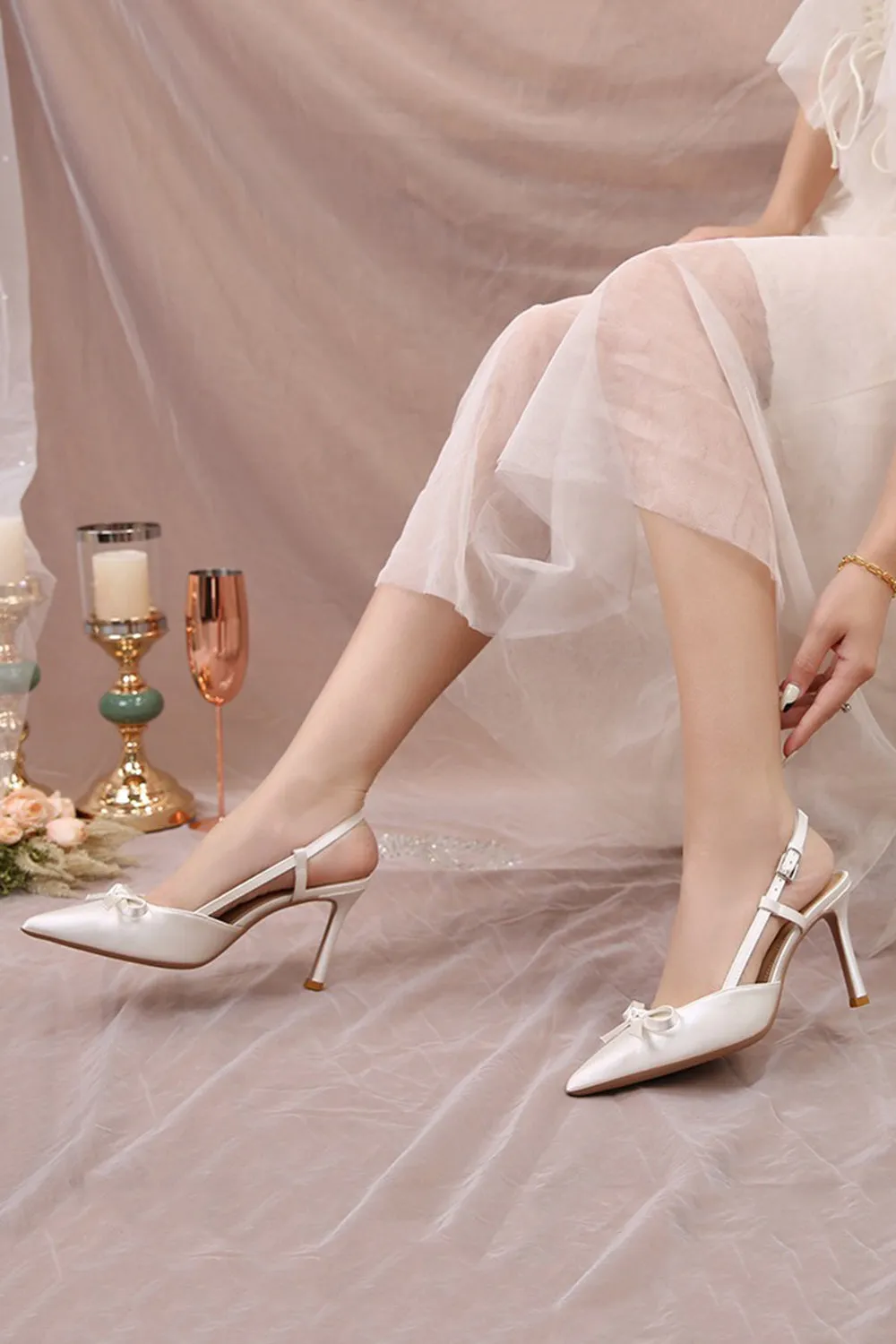 Elegant Ivory Pointed Stilettos High Heels Wedding Shoes with Bow sold by Zapaka product image thumbnail 2