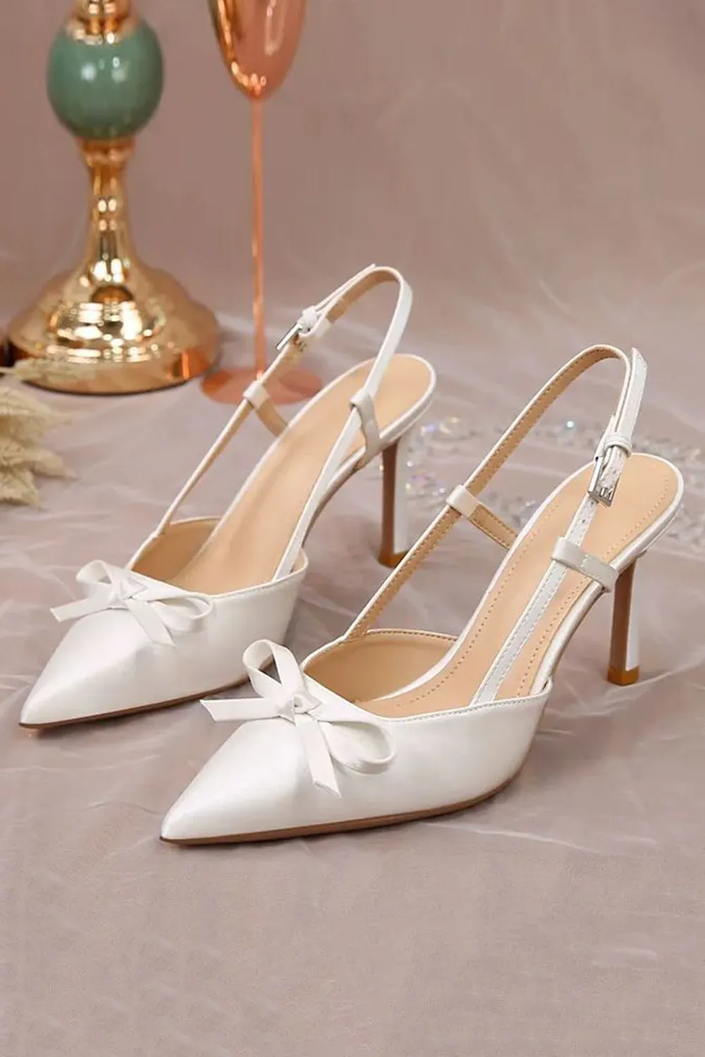 Elegant Ivory Pointed Stilettos High Heels Wedding Shoes with Bow sold by Zapaka product image thumbnail 3