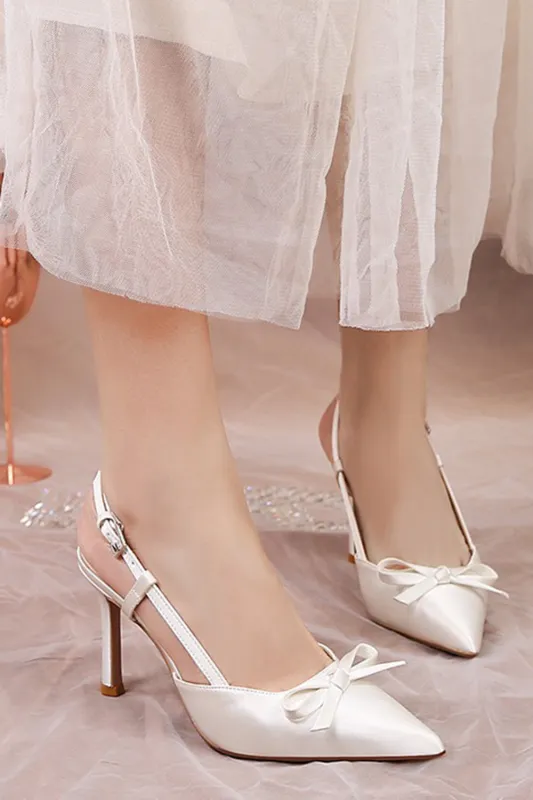Elegant Ivory Pointed Stilettos High Heels Wedding Shoes with Bow sold by Zapaka
