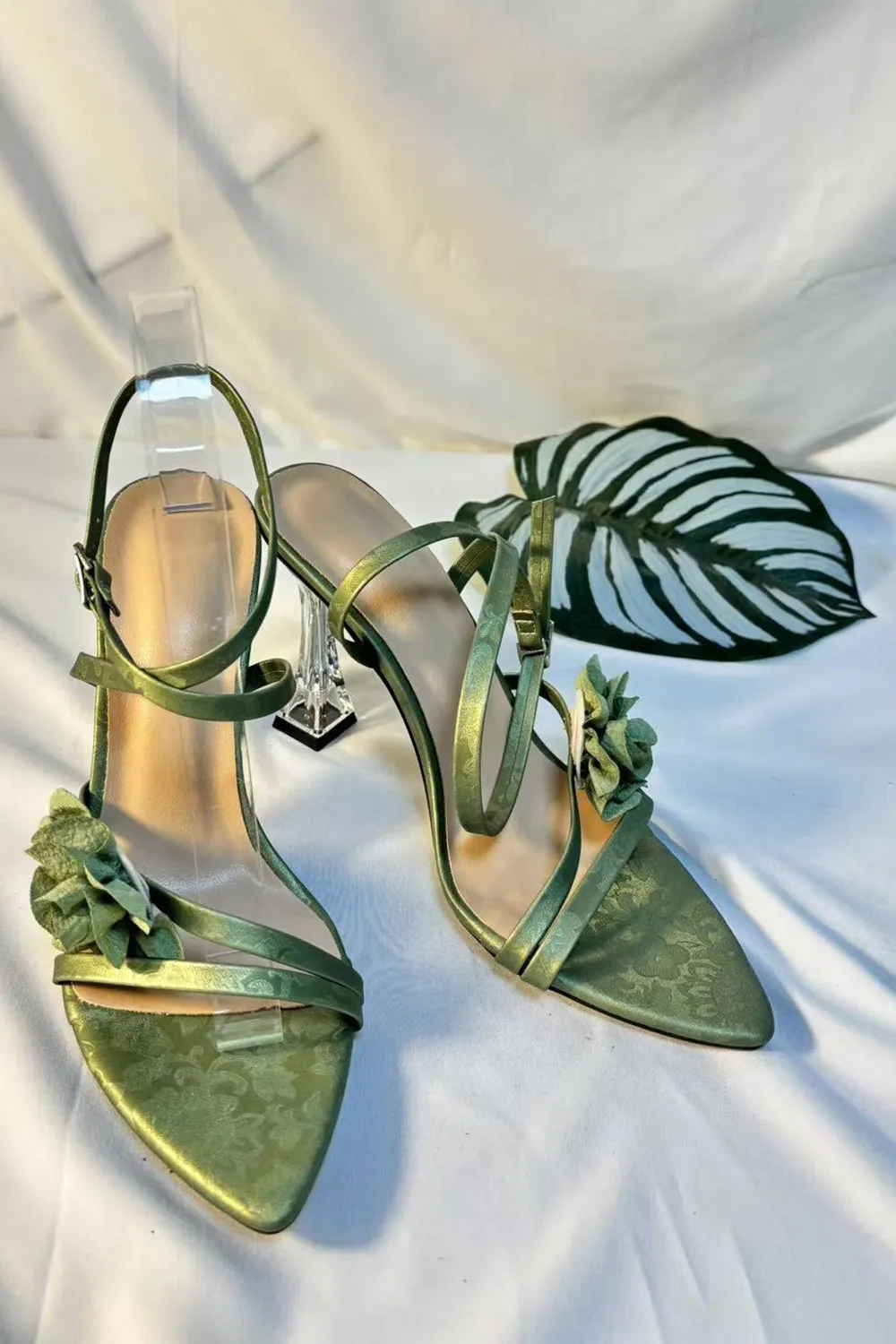Green Ankle Strap Open Toe Transparent High Heels with 3D Flower sold by Zapaka product image thumbnail 5