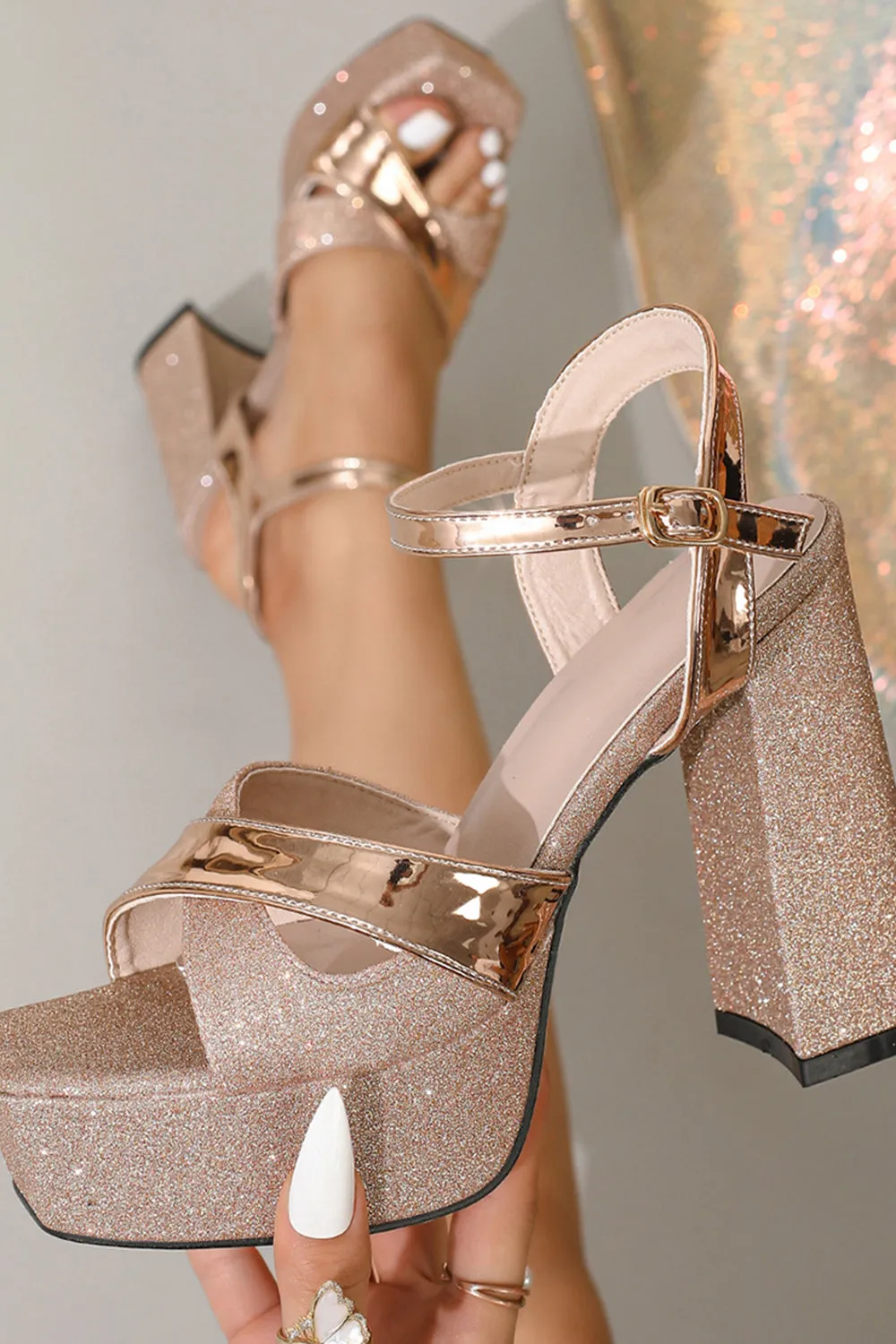 Glitter Rose Golden Chunky Open Toe Prom High Heels sold by Zapaka
