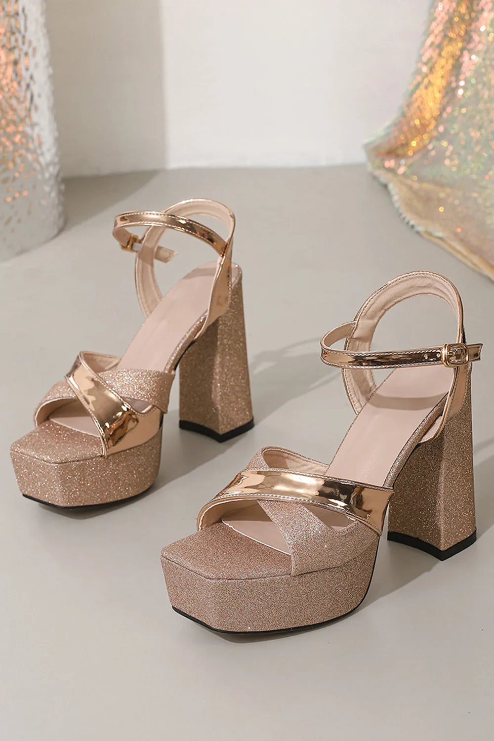 Glitter Rose Golden Chunky Open Toe Prom High Heels sold by Zapaka product image thumbnail 2