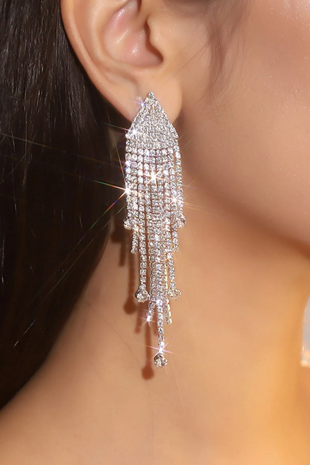 Sparkly Fashion Silver Fringed Long Prom Drop Earrings with Rhinestones sold by Zapaka product image thumbnail 2