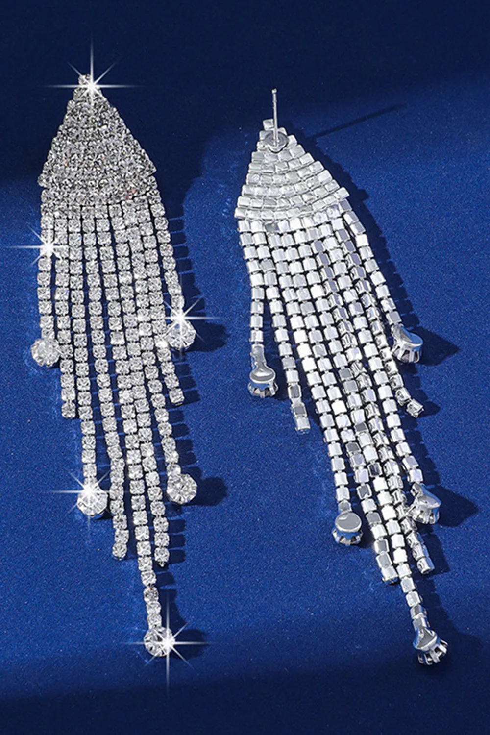 Sparkly Fashion Silver Fringed Long Prom Drop Earrings with Rhinestones sold by Zapaka product image thumbnail 3