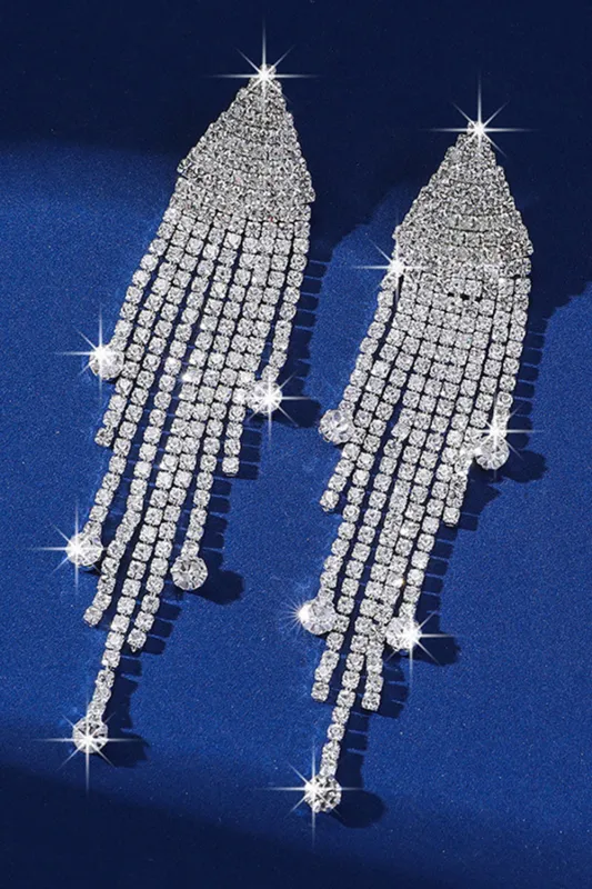 Sparkly Fashion Silver Fringed Long Prom Drop Earrings with Rhinestones sold by Zapaka