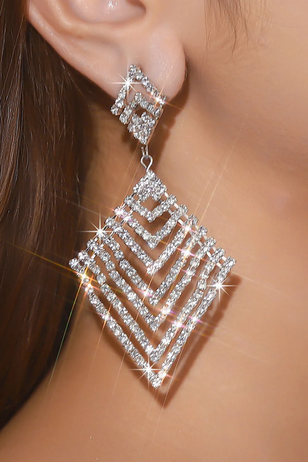 Sparkly Silver Long Prom Square Drop Earrings with Rhinestones sold by Zapaka product image thumbnail 2
