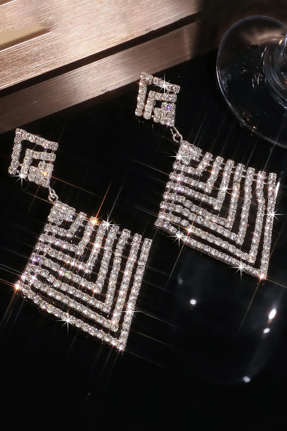 Sparkly Silver Long Prom Square Drop Earrings with Rhinestones sold by Zapaka product image thumbnail 3