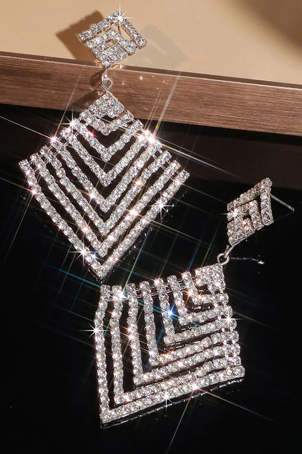 Sparkly Silver Long Prom Square Drop Earrings with Rhinestones sold by Zapaka