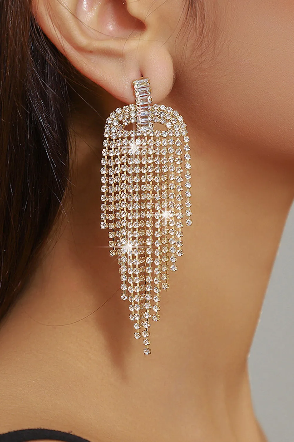 Sparkly Golden Fashion Long Prom Drop Earrings with Rhinestones sold by Zapaka product image thumbnail 2