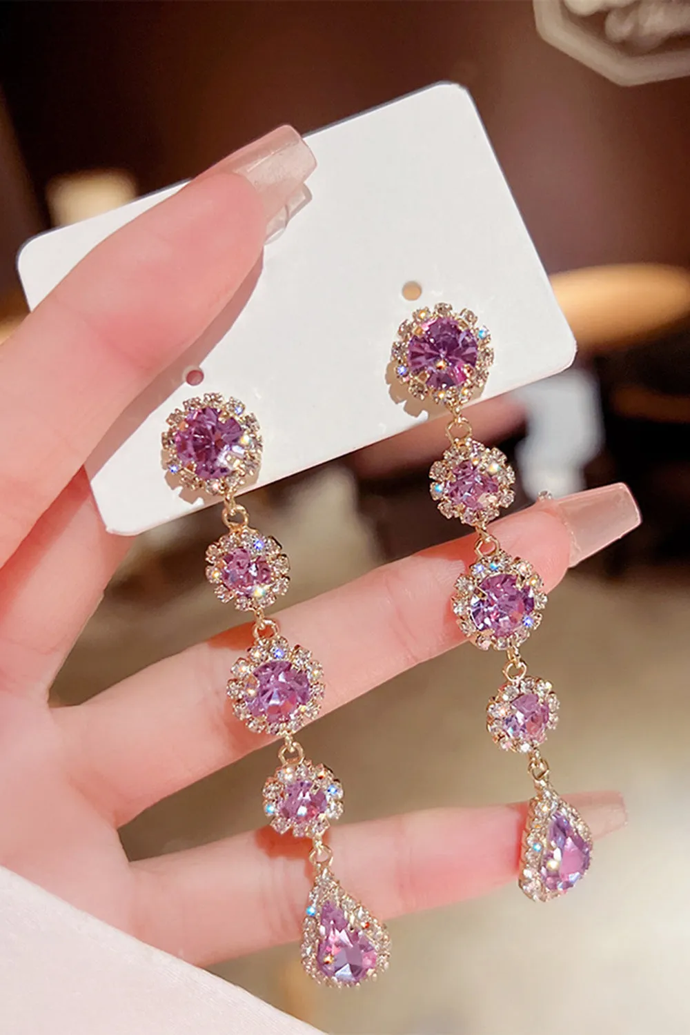 Sparkly Purple Rhinestones Long Prom Drop Earrings sold by Zapaka product image thumbnail 2