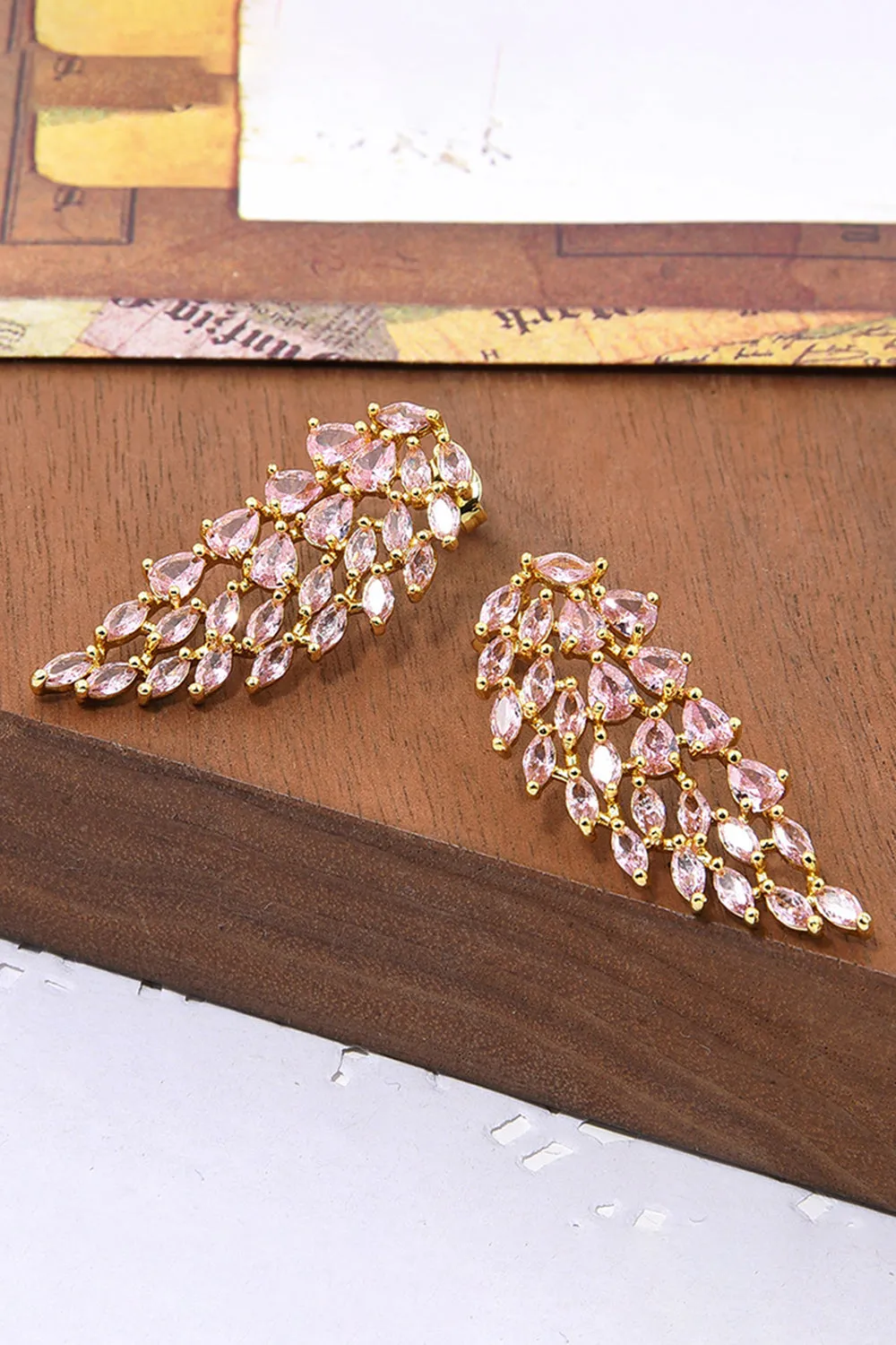 Pink Sparkly Leaf Shaped Prom Drop Earrings with Rhinestones sold by Zapaka product image thumbnail 2