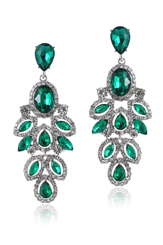 Sparkly Dark Green Leaf Shaped Long Prom Drop Earrings with Rhinestones sold by Zapaka