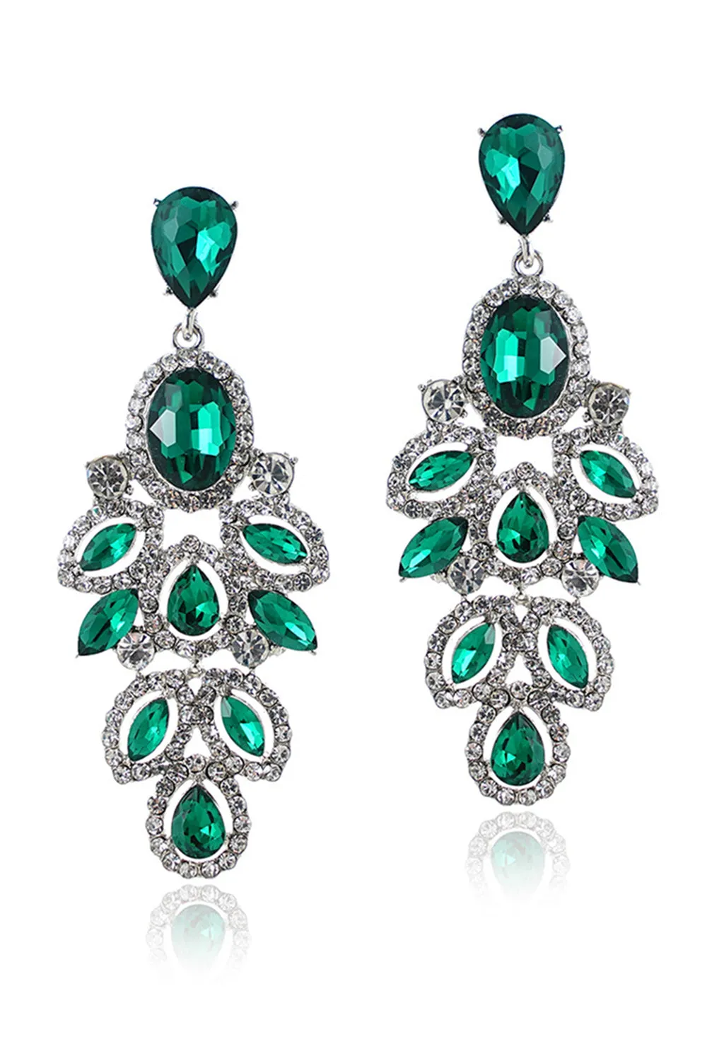 Sparkly Dark Green Leaf Shaped Long Prom Drop Earrings with Rhinestones sold by Zapaka