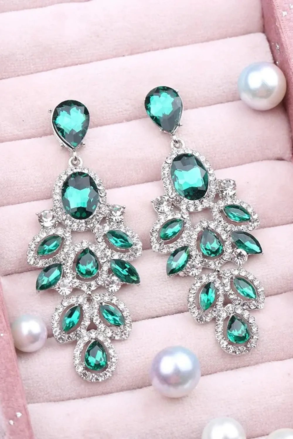 Sparkly Dark Green Leaf Shaped Long Prom Drop Earrings with Rhinestones sold by Zapaka product image thumbnail 2