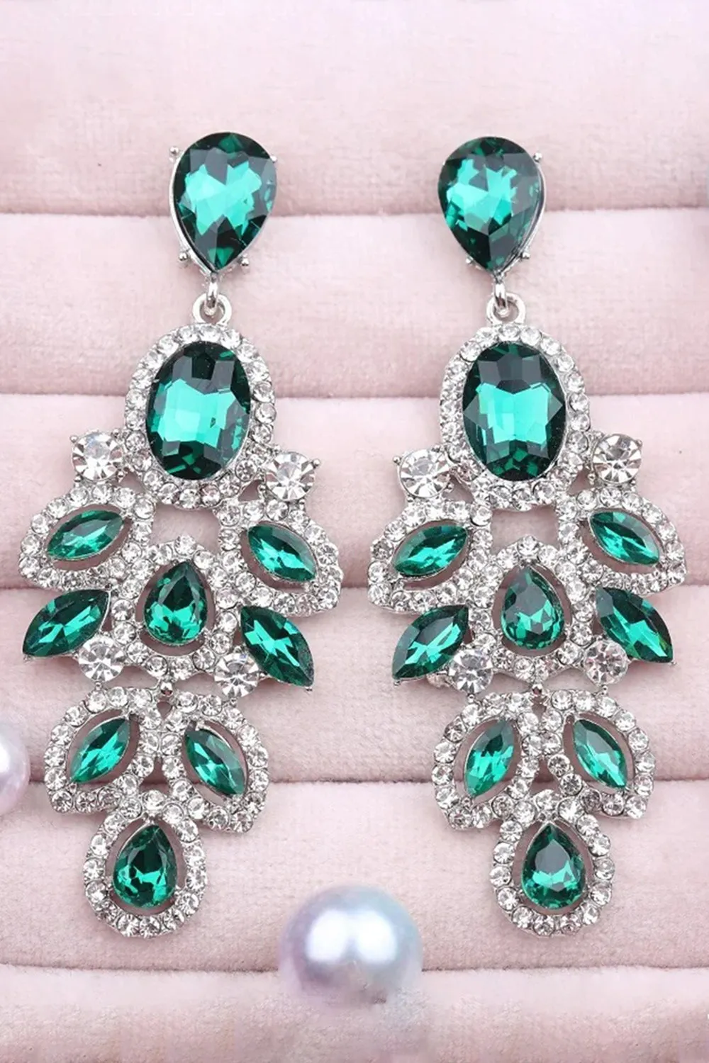 Sparkly Dark Green Leaf Shaped Long Prom Drop Earrings with Rhinestones sold by Zapaka product image thumbnail 3