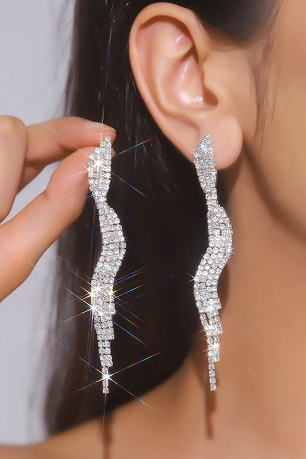 Sparkly Silver Fringed Long Prom Drop Earrings sold by Zapaka