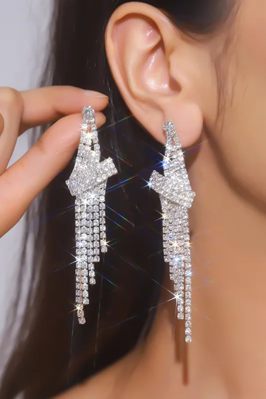 Sparkly Silver Fringed Long Prom Drop Earrings with Rhinestones made by Zapaka