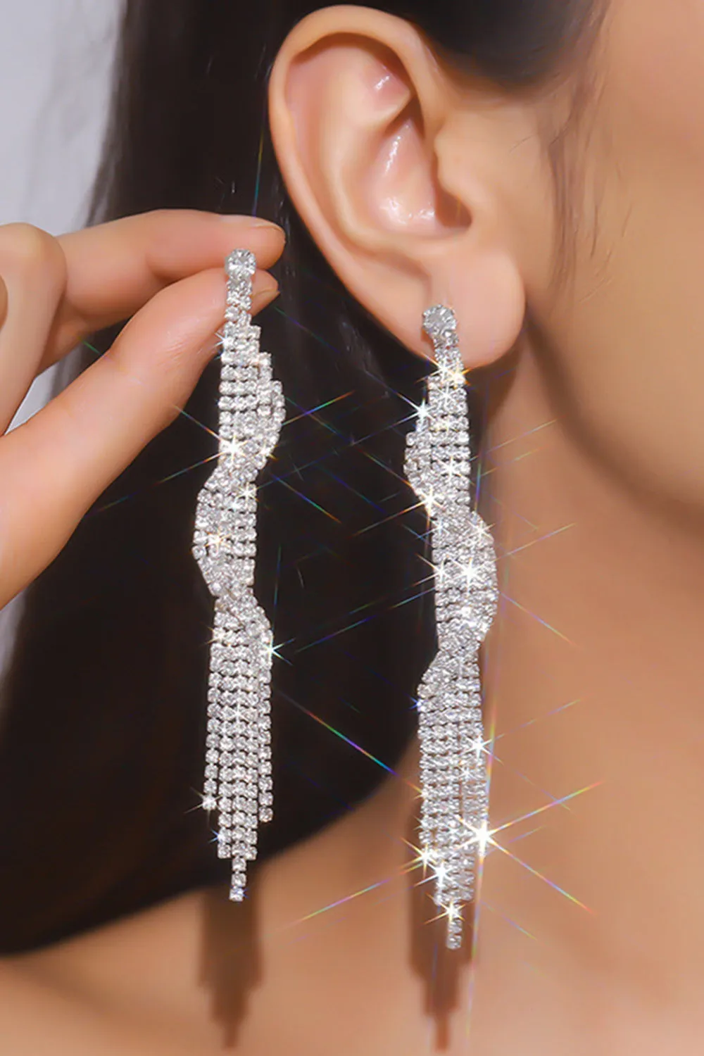 Sparkly Silver Long Prom Drop Earrings with Fringe sold by Zapaka product image thumbnail 2
