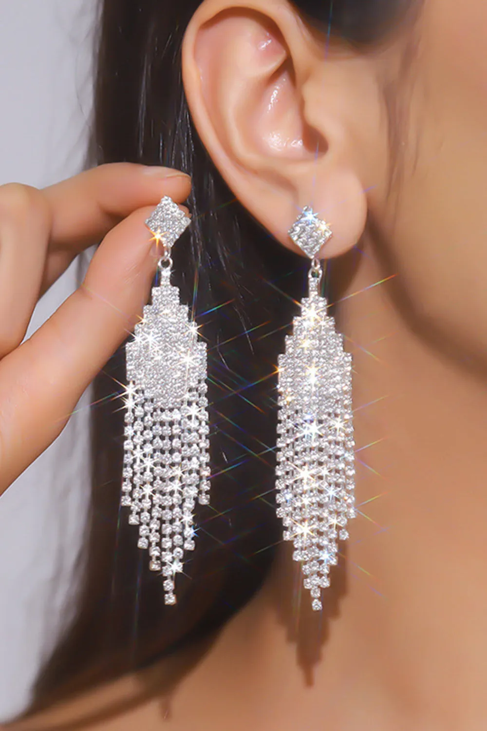 Sparkly Silver Fashion Long Fringed Prom Drop Earrings with Rhinestones sold by Zapaka product image thumbnail 2