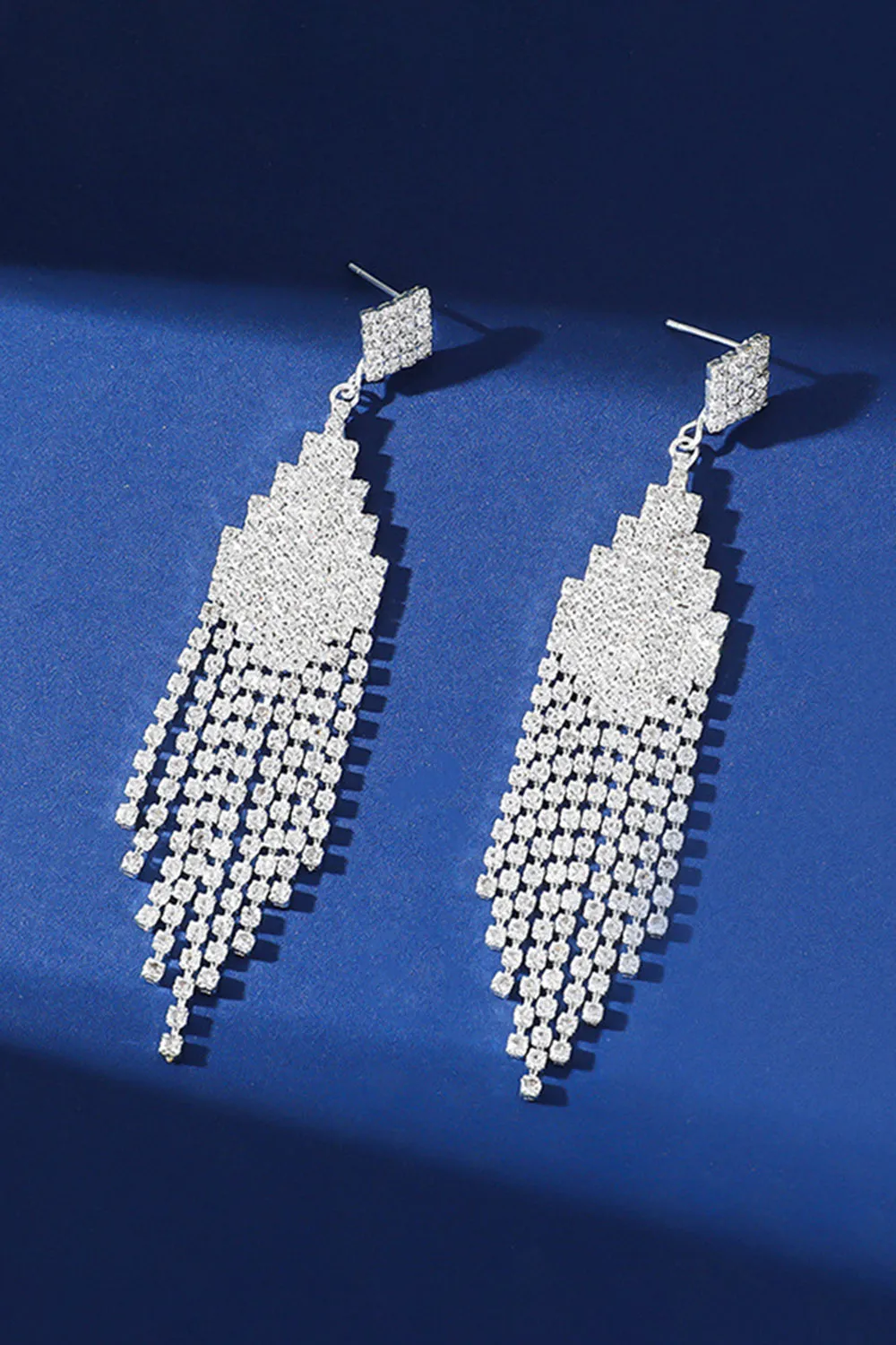 Sparkly Silver Fashion Long Fringed Prom Drop Earrings with Rhinestones sold by Zapaka