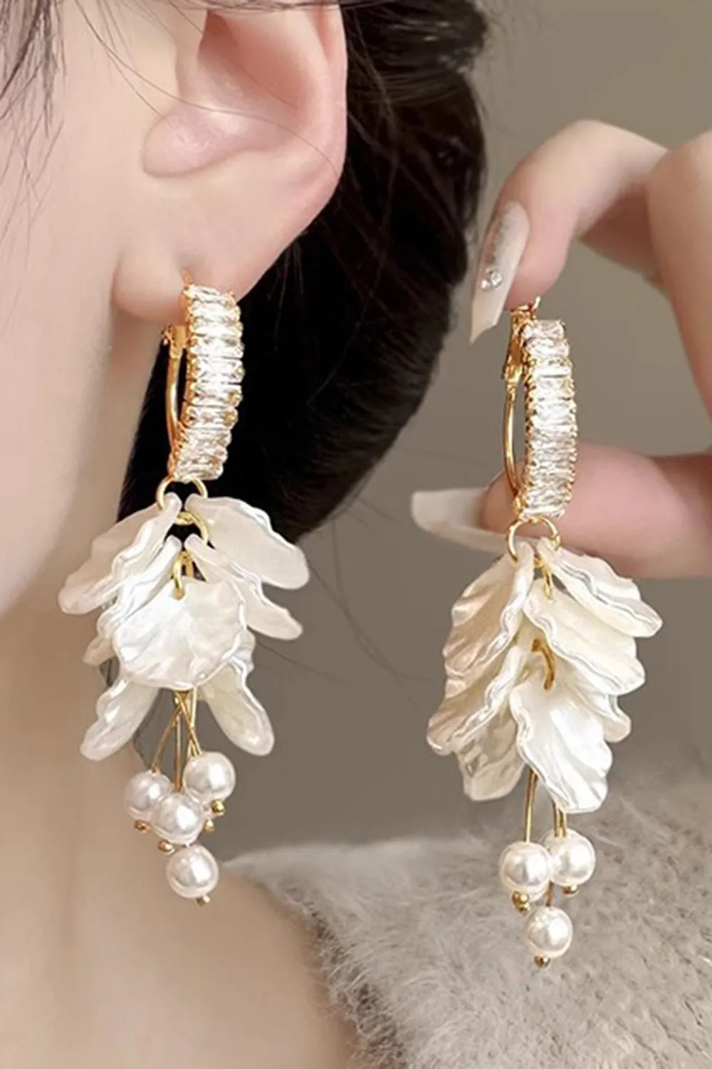 Sparkly White Petal Layered Prom Drop Earrings with Pearls sold by Zapaka