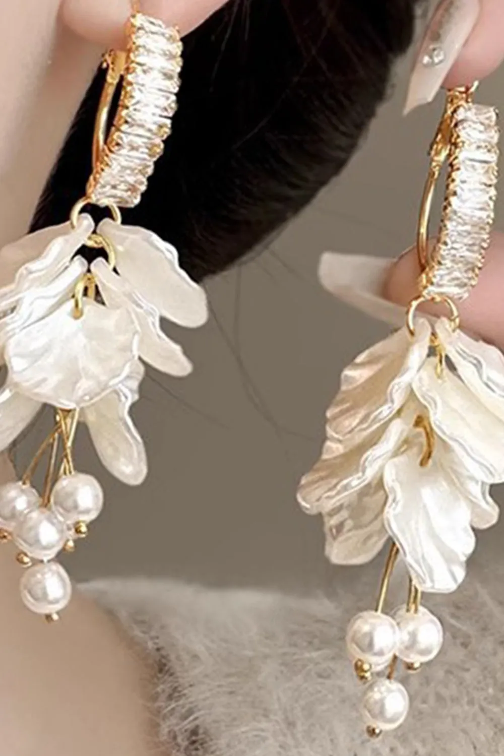 Sparkly White Petal Layered Prom Drop Earrings with Pearls sold by Zapaka product image thumbnail 2
