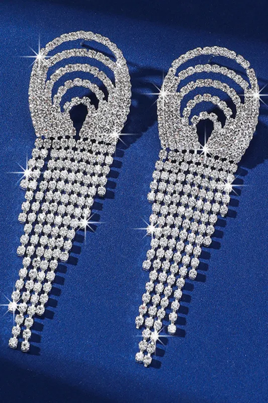 Sparkly Silver Fringed Long Fashion Party Drop Earrings with Rhinestones sold by Zapaka