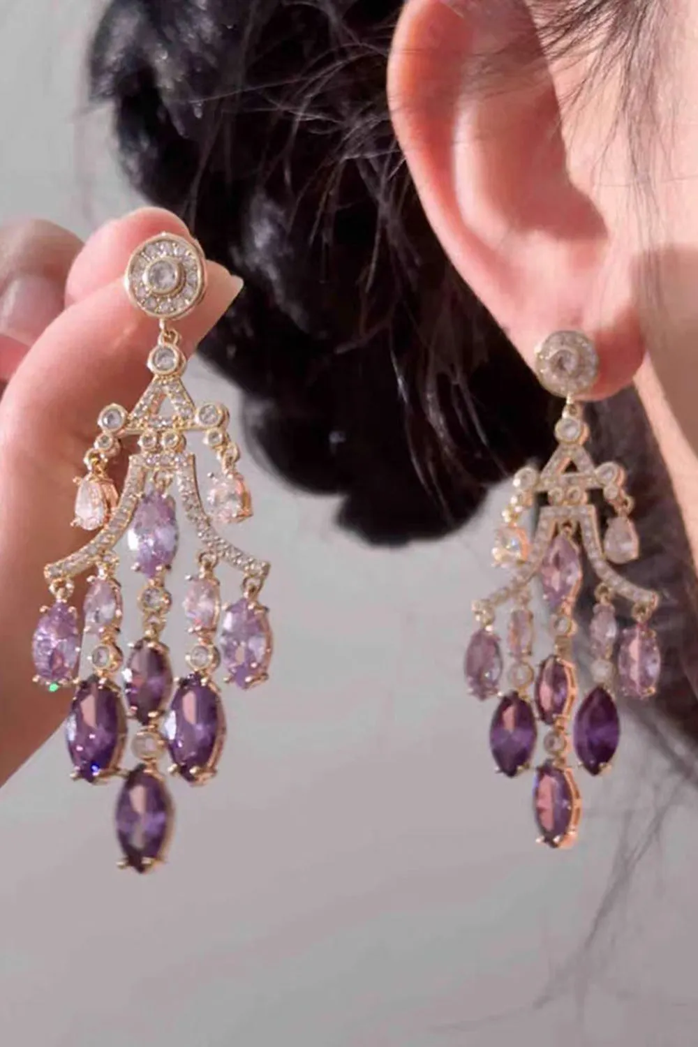 Sparkly Purple Rhinestones Leaf Shaped Prom Drop Earrings sold by Zapaka product image thumbnail 2