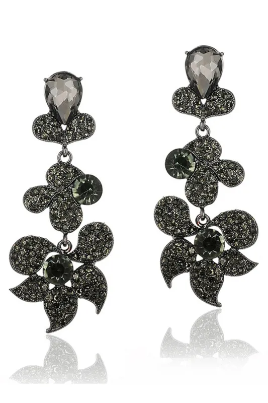Sparkly Black Flower Shaped Prom Drop Earrings with Rhinestones sold by Zapaka