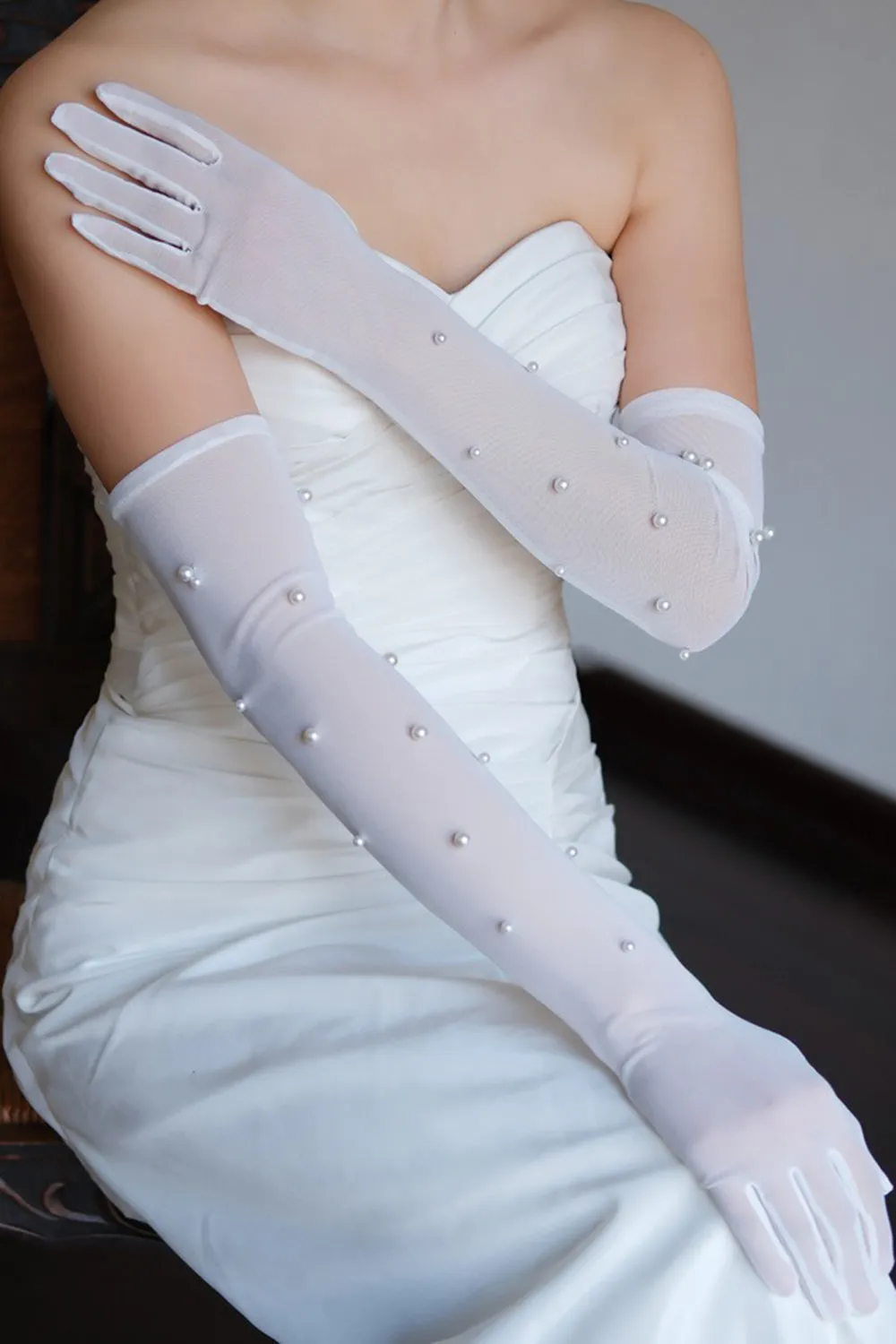 White Lace Beaded Long Bridal Wedding Gloves with Pearls sold by Zapaka product image thumbnail 3