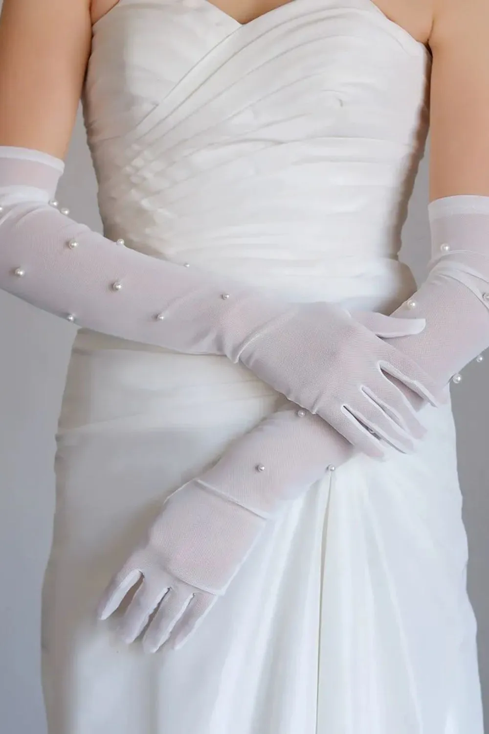 White Lace Beaded Long Bridal Wedding Gloves with Pearls sold by Zapaka product image thumbnail 4