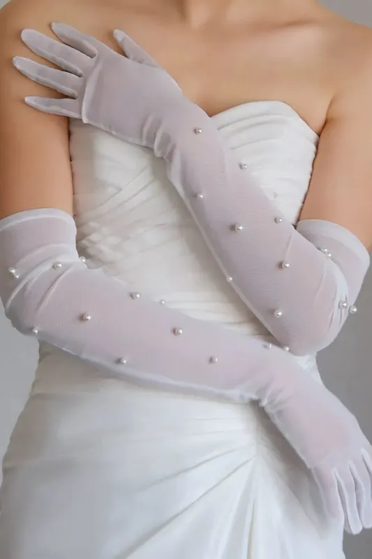 White Lace Beaded Long Bridal Wedding Gloves with Pearls sold by Zapaka