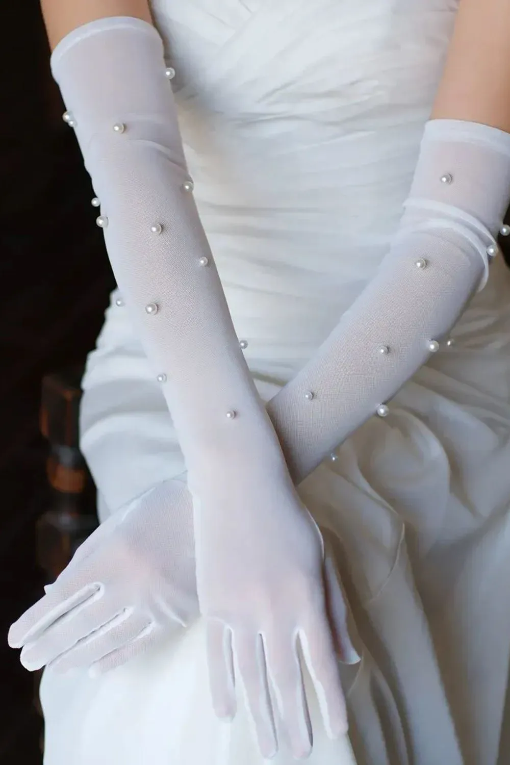 White Lace Beaded Long Bridal Wedding Gloves with Pearls sold by Zapaka product image thumbnail 5