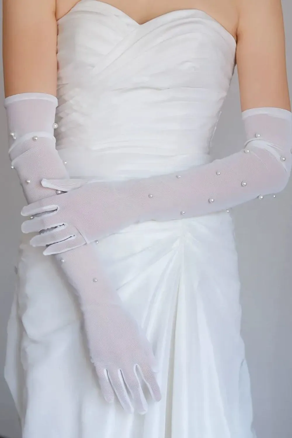 White Lace Beaded Long Bridal Wedding Gloves with Pearls sold by Zapaka product image thumbnail 2