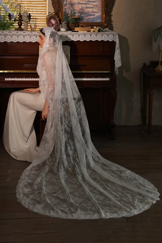 One Tier Ivory Long Lace Wedding Veil sold by Zapaka