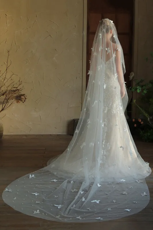 Ivory Butterflies Tulle Long Wedding Veil with Pearls sold by Zapaka