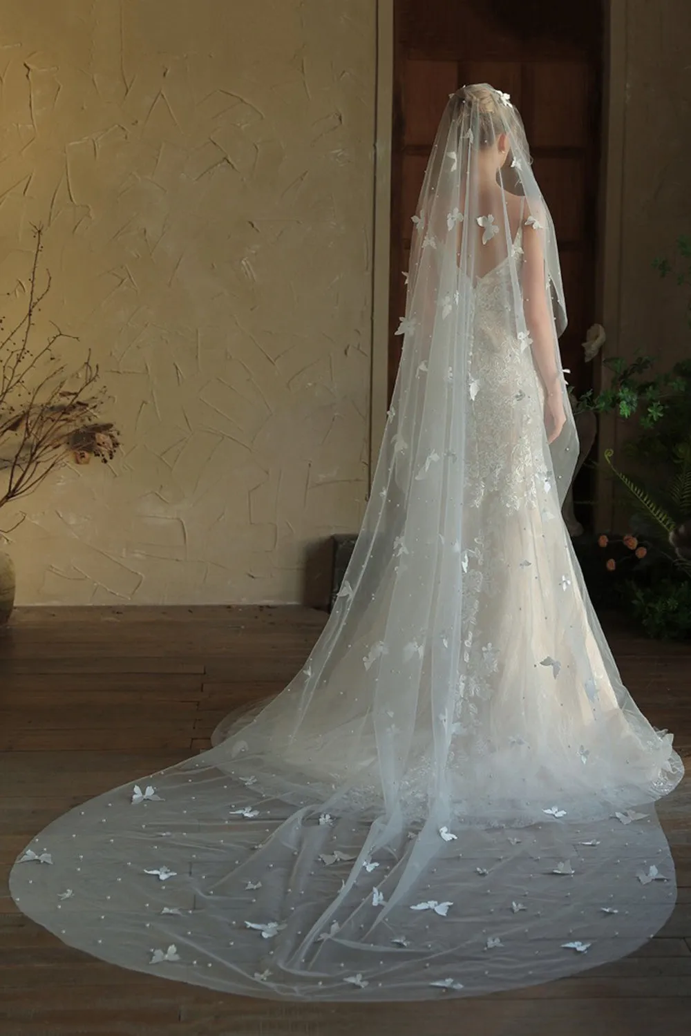 Ivory Butterflies Tulle Long Wedding Veil with Pearls sold by Zapaka