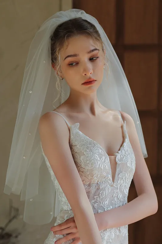 Short Ivory Tulle Bridal Veil with Pearls sold by Zapaka