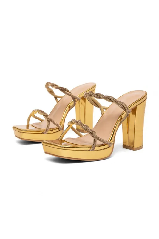 Sparkly Golden Double Strap Rhinestones Prom High Heels Chunky Sandal sold by Zapaka