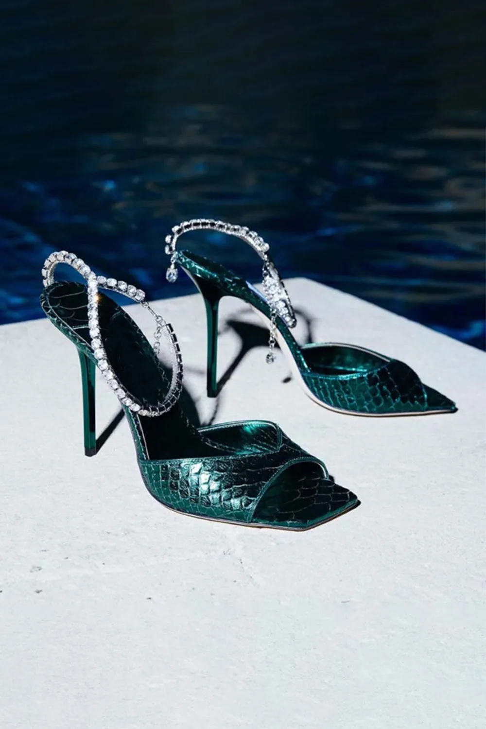 Sparkly Dark Green Rhinestones Stilettos High Heels Sandal with Ankle Chain sold by Zapaka product image thumbnail 5