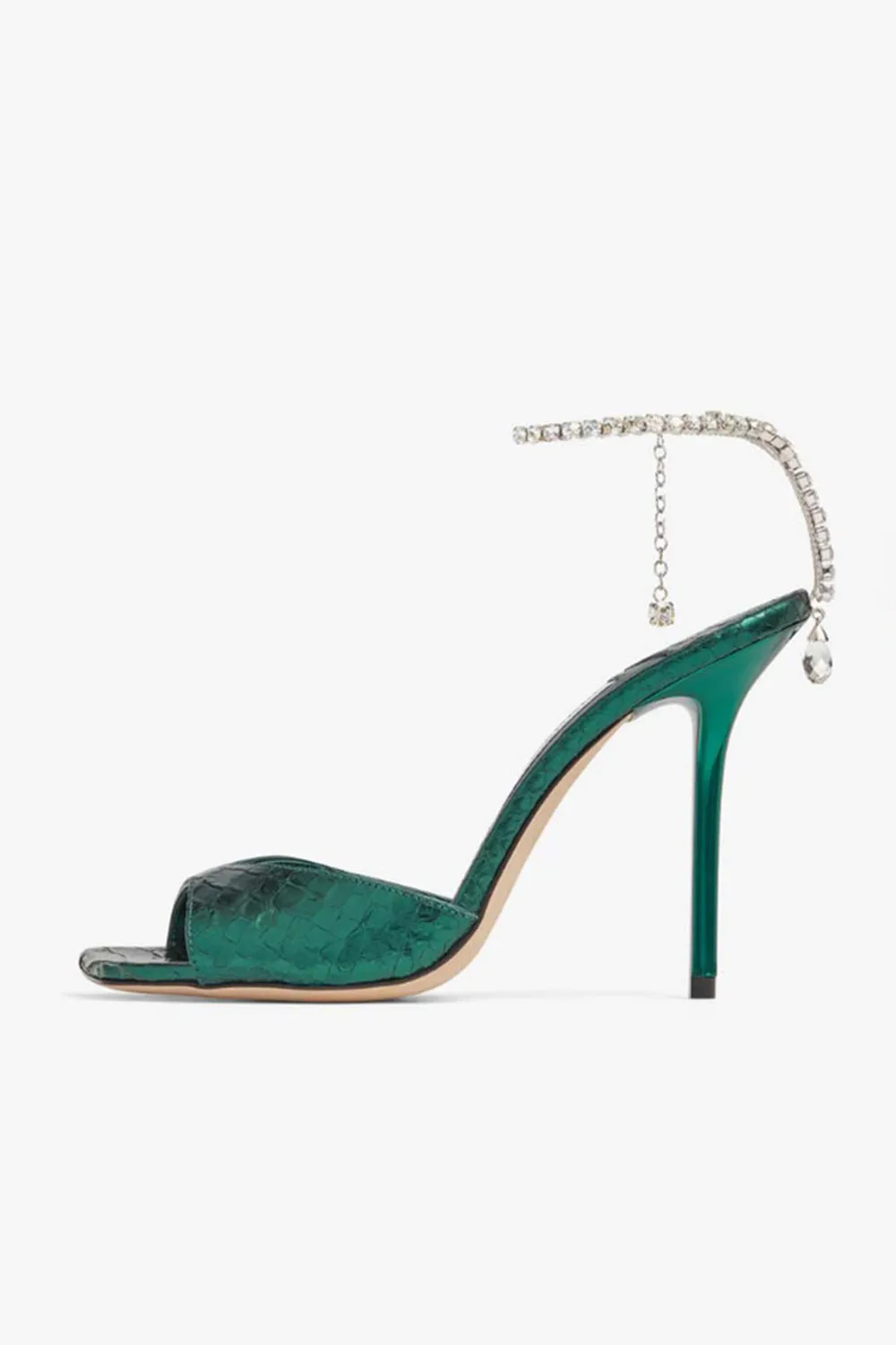 Sparkly Dark Green Rhinestones Stilettos High Heels Sandal with Ankle Chain sold by Zapaka product image thumbnail 2