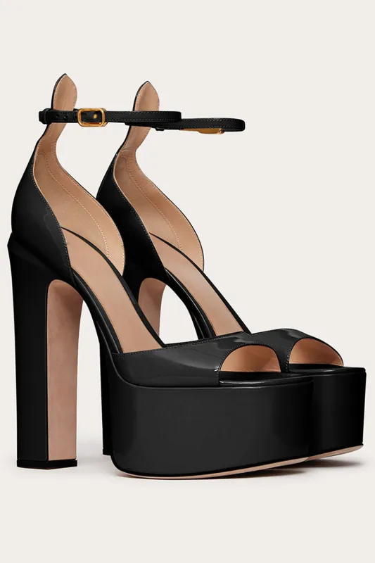 Elegant Black Chunky Open Toe Prom High Heels Pump with Ankle Strap sold by Zapaka