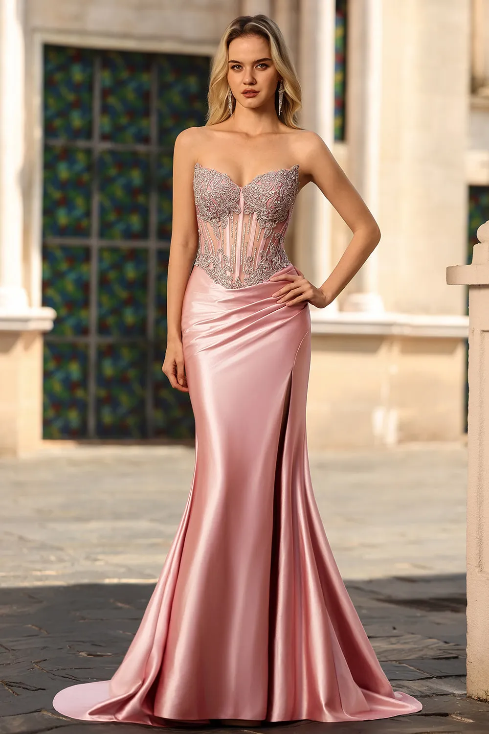 Blush Mermaid Strapless Corset Satin Long Prom Dress with Rhinestones sold by Zapaka product image thumbnail 5