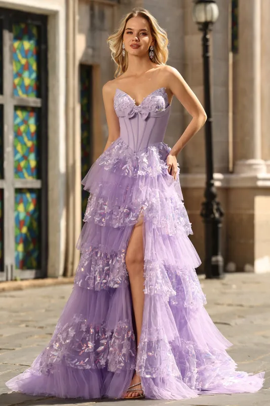 Purple Sweetheart A Line Corset Tiered Ruffle Long Prom Dress with Sequins sold by Zapaka