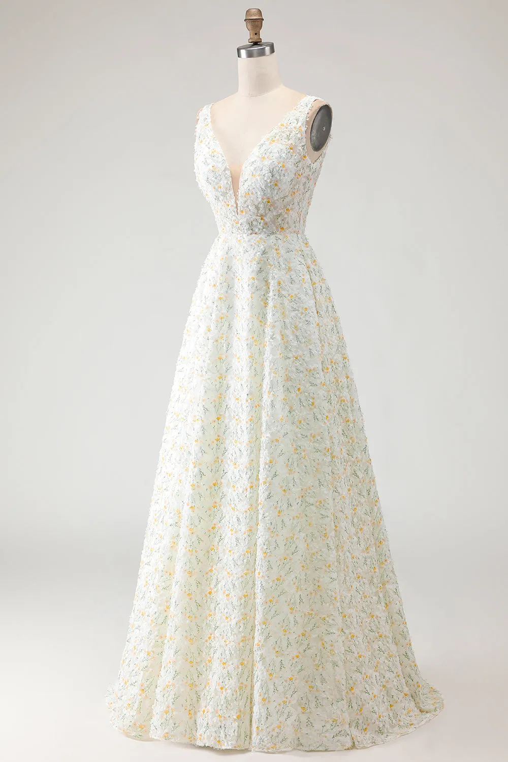 White Yellow Floral A Line V Neck Open Back Long Prom Dress with 3D Flowers sold by Zapaka product image thumbnail 3
