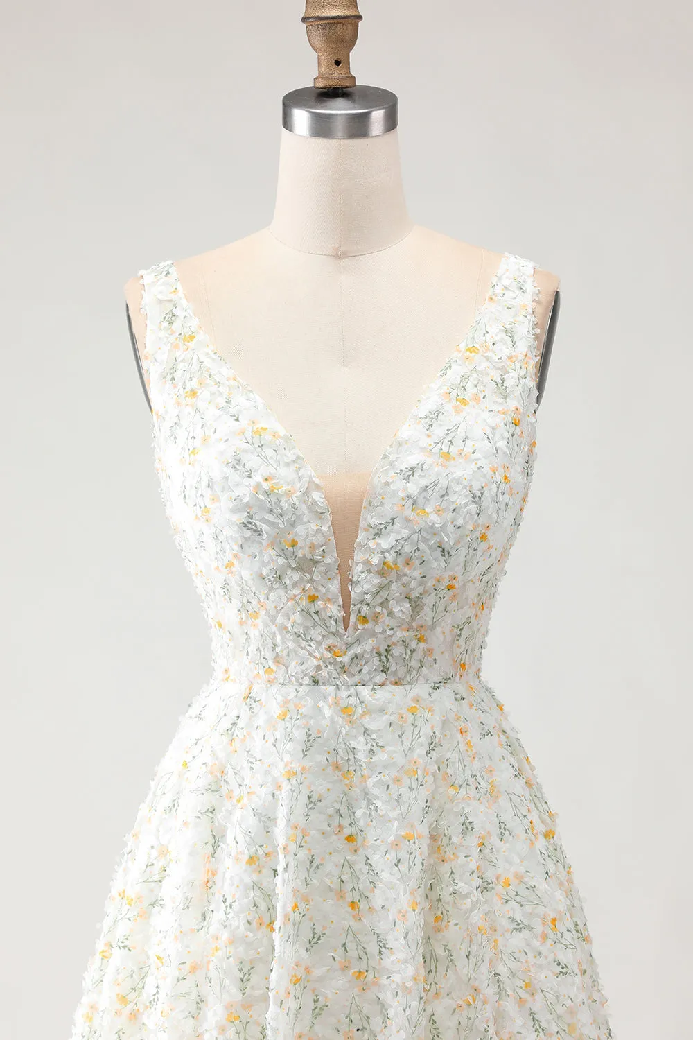 White Yellow Floral A Line V Neck Open Back Long Prom Dress with 3D Flowers sold by Zapaka product image thumbnail 4