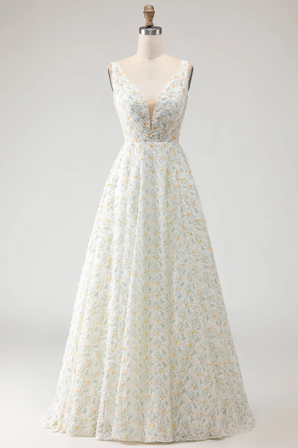 White Yellow Floral A Line V Neck Open Back Long Prom Dress with 3D Flowers sold by Zapaka